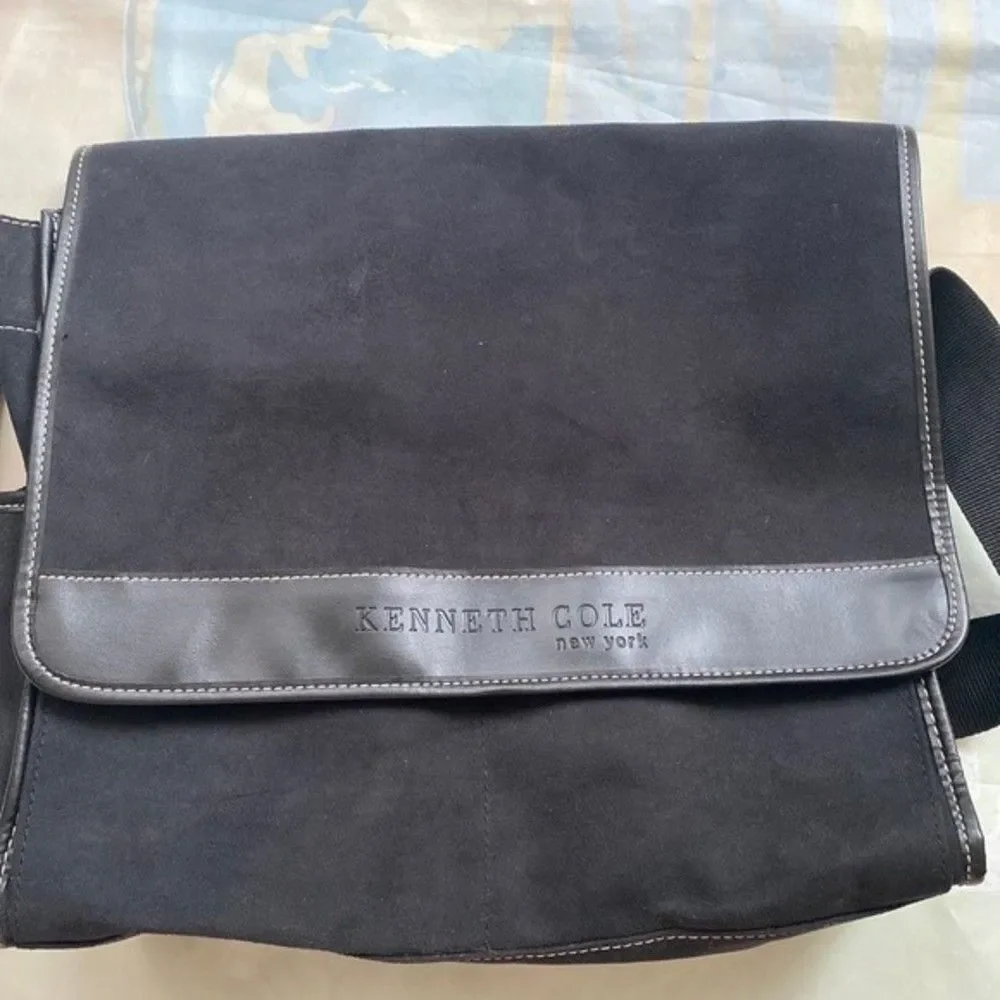 Kenneth Cole New York Messenger Shoulder Bag Black Faux Suede Adjustable…